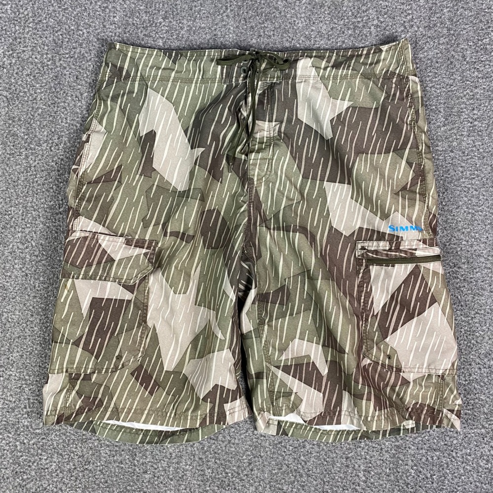 Simms Solarflex‎ Fishing Shorts Mens Large Camo Board Shorts Cargo Pockets Green